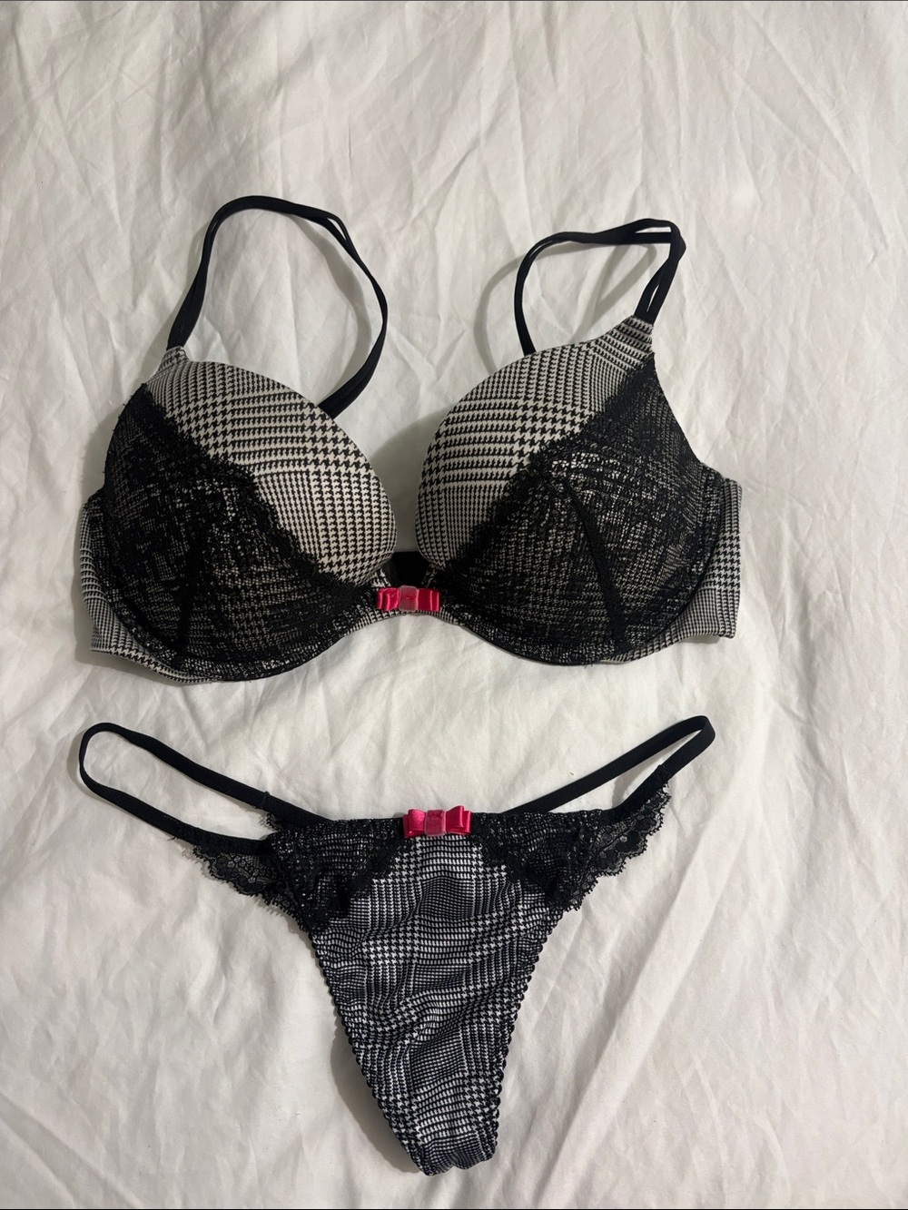 Victoria secret Black & White Plaid Lace Push-Up Bra and Thong Set